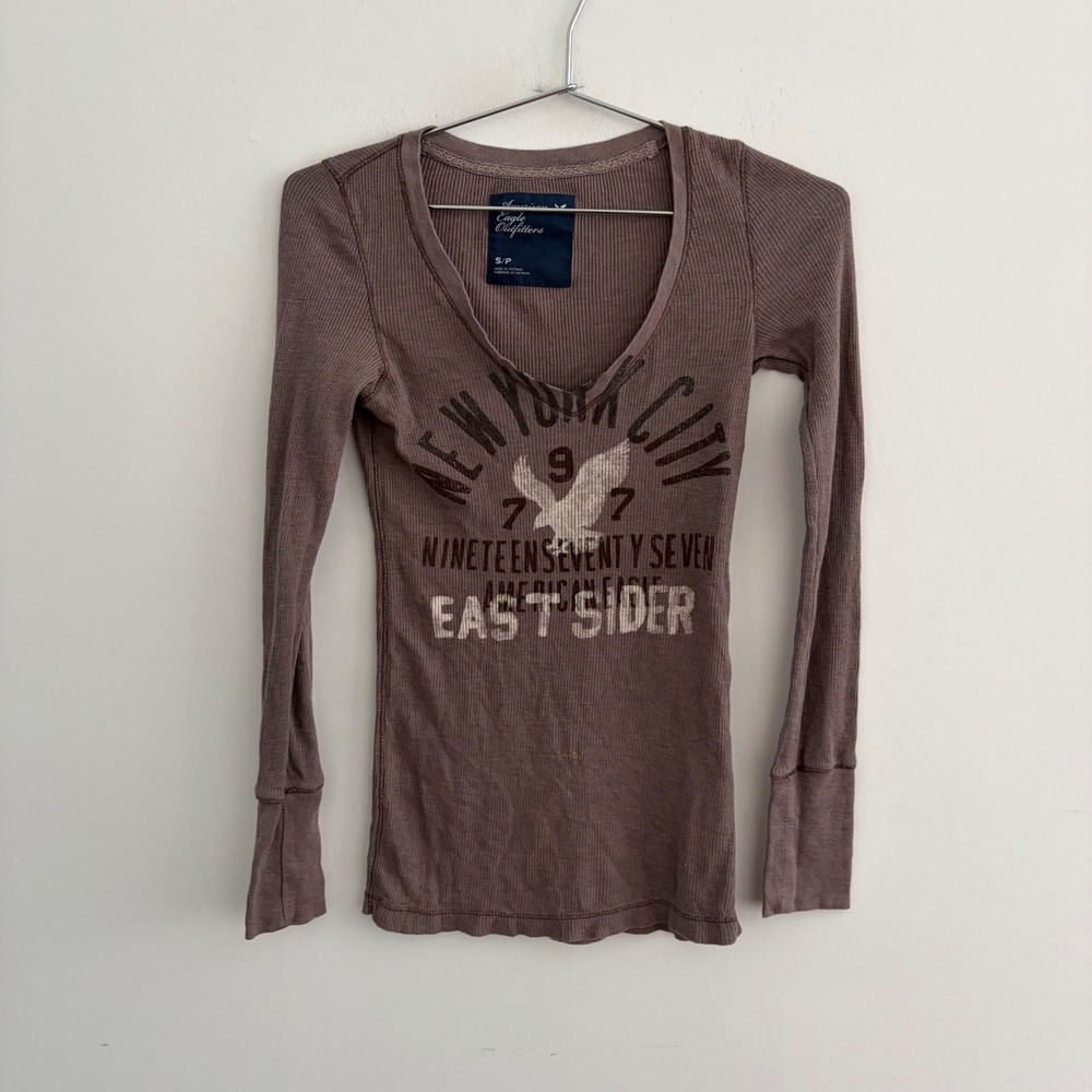 American Eagle Outfitters Brown Thermal Graphic Long Sleeve Top S